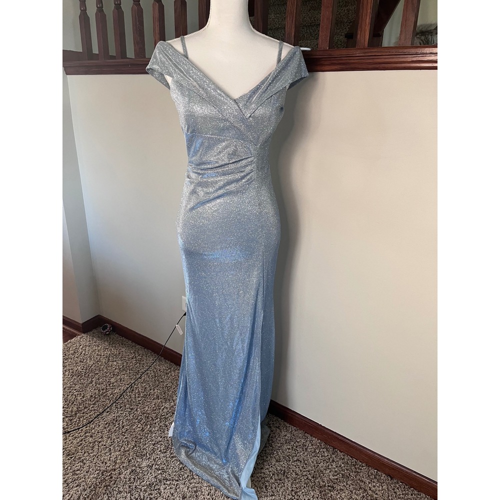 Lenovia USA Womens Blue Metallic Off Shoulder Formal Gown Prom Dress Size S 5213